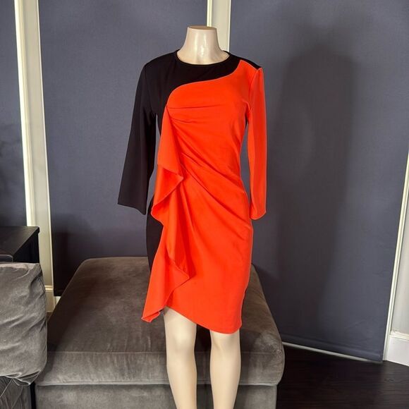 Women’s Black & Orange Asymmetrical Ruffle Midi Dress 3/4 Sleeve Zip Back Size M - Picture 1 of 14